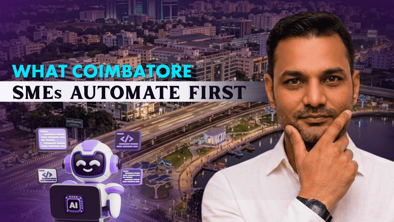Coimbatore business owner thinking beside an AI robot showing what local SMEs automate first with AI automation tools