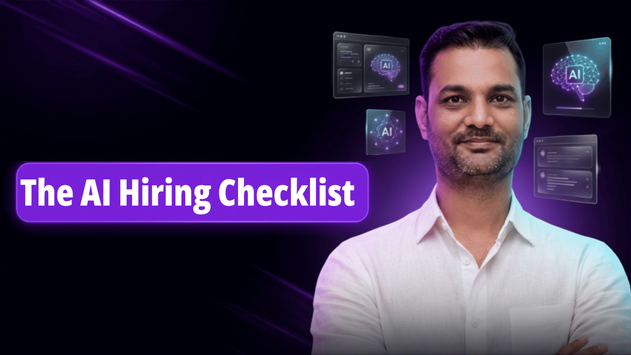 Man in white shirt beside glowing AI brain icons, presenting an AI consultation hiring checklist for businesses