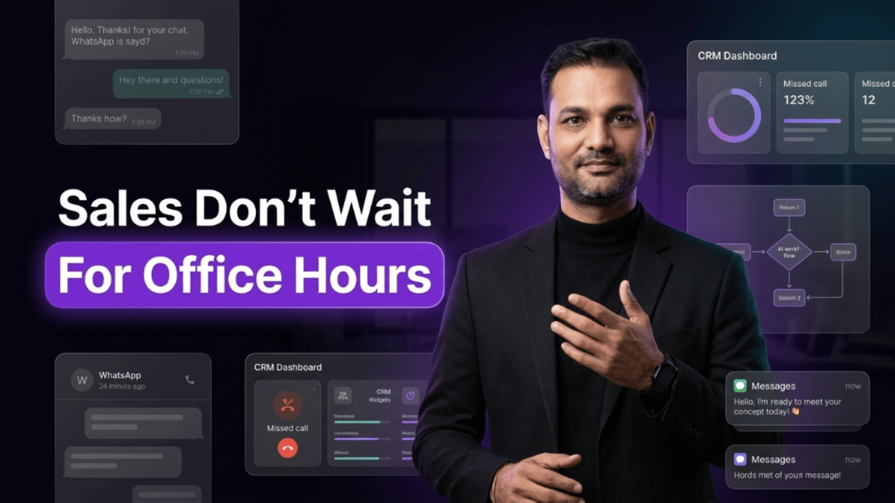 Man in black blazer beside CRM dashboards and chats, showing why the best AI chatbot company works beyond office hours