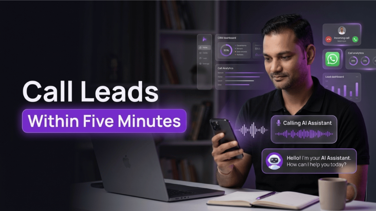 Man using phone at desk with an AI voice agent for customer support calling leads within five minutes