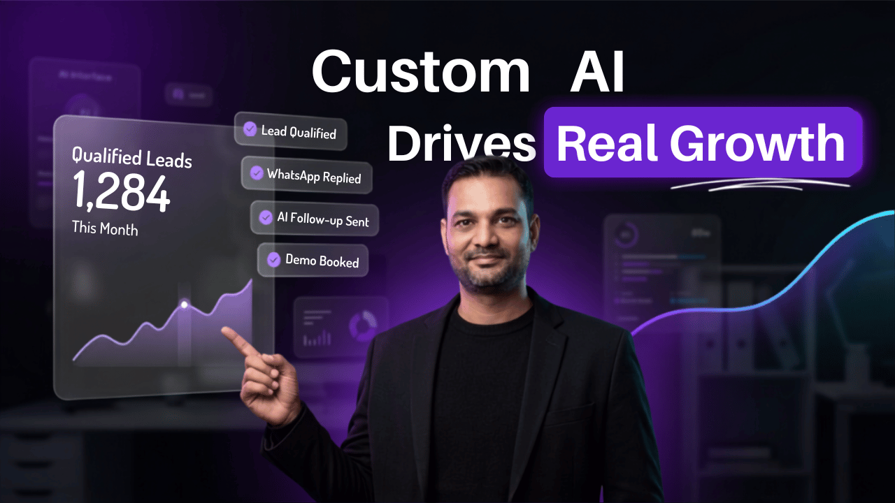 "Man in black blazer pointing to a leads growth chart, showing how custom AI drives real growth for businesses"  