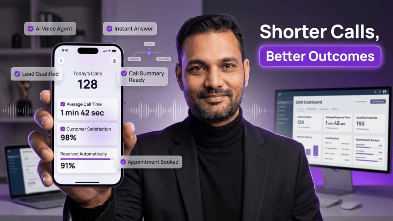 Man holding phone with call stats, demonstrating how an AI voice agent for customer support delivers shorter calls